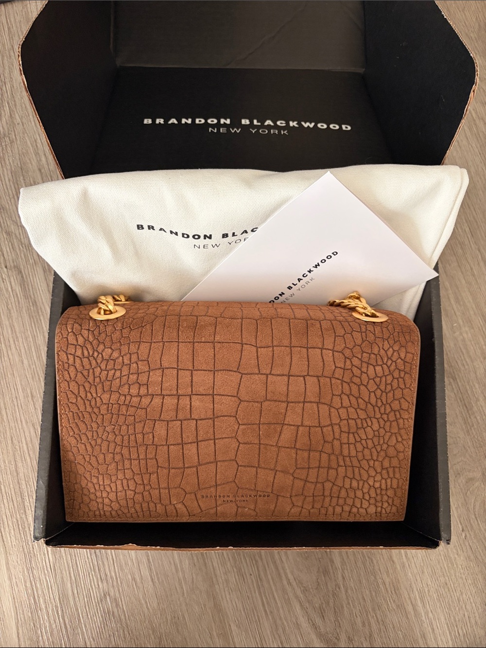 Brandon Blackwood Brown Croc-Embossed Leather Crossbody with Gold Chain